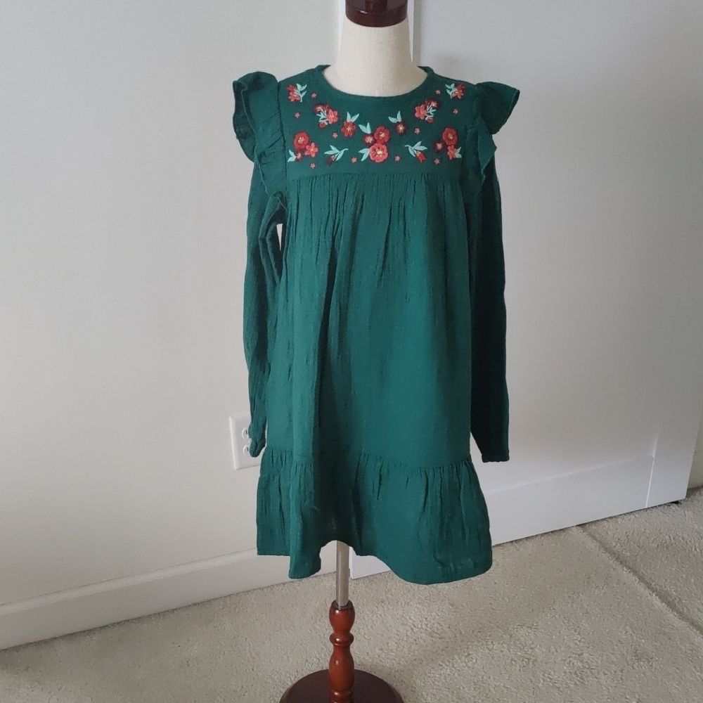 Cat & Jack Dark Green Floral Embroidered Long-Sleeve Cotton Dress Cottagecore